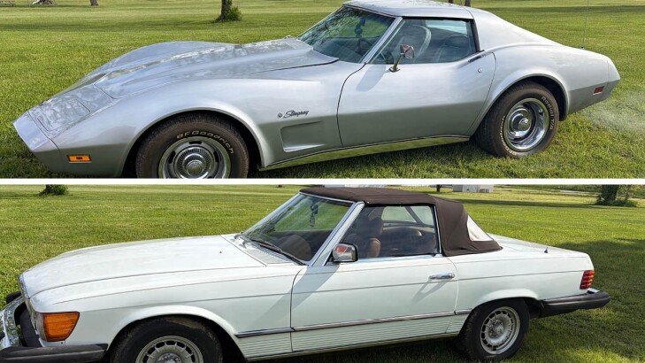 Kiko Auctioneers Presents 1974 Chevy Corvette Stingray, 1979 Mercedes Benz SL450, Bessemer 25 HP Hit & Miss Engine, Decorative Wagon & Grain Drill Online Only